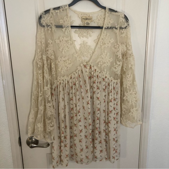 Denim Supply Ralph Lauren Bohemian Printed Tea Dress Lace Flare Sleeves Prairie - Picture 5 of 14